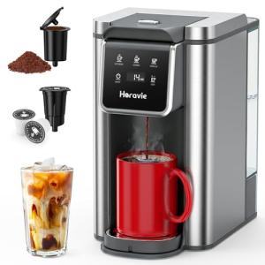 Horavie Single Serve Coffee Maker for K-Cup Pod and Grounds, Hot and Iced Coffee Maker, Strong Button Feature, 6 to 14oz Brew Sizes, 50oz Removable Tank, Up to 6.5 Inch Cup, Stainless Steel, Grey