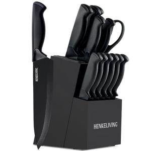 HENKELIVING Knife Set, 14-Piece Kitchen Knives Set with Block, Built-in Sharpener, German High Carbon Stainless Steel, Ergonomic Non-Slip Handles, Black