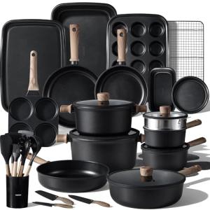 CAROTE 44pcs Nonstick Kitchen Titanium Cookware Sets, Nonstick Pots and Pans, Induction Cookware Set Kitchen Cooking Sets, Non Stick w/Frying Pan,Black