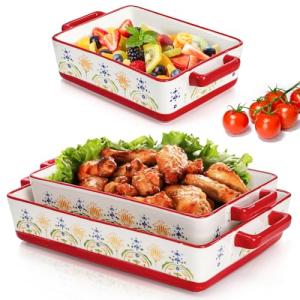 WRINGKIT Set of 3 Ceramic Baking Dishes, Rectangular Casserole Dish for Oven, Ceramic Bakeware Lasagna Pan Deep with Handles for Cooking, Baking, Wedding Gift, 3 Sizes (12''/10.7''/7.7''), Red