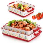WRINGKIT Set of 3 Ceramic Baking Dishes, Rectangular Casserole Dish for Oven, Ceramic Bakeware Lasagna Pan Deep with Handles for Cooking, Baking, Wedding Gift, 3 Sizes (12''/10.7''/7.7''), Red