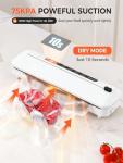 Vacuum Sealer Machine 75KPa Food with 6-in-1 Dry/Moist Modes & Digital Timer, Compact Lightweight Design, Built-in Cutter + 10 Bags (white)