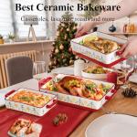 WRINGKIT Set of 3 Ceramic Baking Dishes, Rectangular Casserole Dish for Oven, Ceramic Bakeware Lasagna Pan Deep with Handles for Cooking, Baking, Wedding Gift, 3 Sizes (12''/10.7''/7.7''), Red