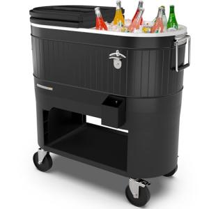 Permasteel 120-Qt Rolling Ice Chest, Portable Patio Party Bar Drink Cooler Cart with Wheels, Drink Dividers - Perfect for Outdoor or Indoor Entertaining, and Parties, Black