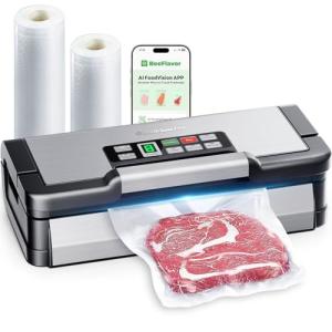 95kPa Vacuum Sealer Machine with AquaLock Technology, for Moist Seals, 2X Seal & 130W, Fully Automatic Food Sealer, Built-In Cutter, Bag Storage & Hose, Precision Sealing, 2 Bag Rolls,Stainless Steel