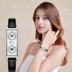 Gosasa Fashionable Women's Quartz Watch, Rectangular Dial with Dual Time Zones, 30m Water Resistant (Black Leather Silver)