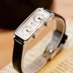 Gosasa Fashionable Women's Quartz Watch, Rectangular Dial with Dual Time Zones, 30m Water Resistant (Black Leather Silver)