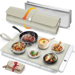 FYY Warming Mat for Food with Heat Resistant Pad, Prevent Countertop Cracks, Keep Meal Warm, Rapid and Full Surface Heating, 6 Temp Settings 6H Timer, Upgraded Rollable Portable Food Warmer Mat Khaki