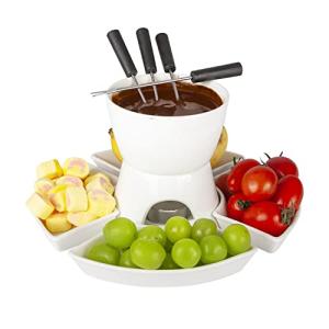 Fondue Set with 4 Dipping Bowls and 4 Forks, Ceramic Fondue Kit Premium Tea Light Porcelain Melting Pot for Cheese, Chocolate and Tapas