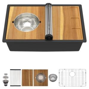 Talllor 28x19 Black Undermount Kitchen Sink, Granite Composite Single Bowl Workstation All-In One Kitchen Sink, Classic Quartz Composite Sinks with Mixing Bowl, Pasta Strainer #TLGU-127
