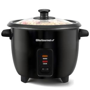 Elite Gourmet Electric Rice Cooker with Steam Tray and Non-Stick Inner Pot Makes Soups, Stews, Grains, Cereals, Keep Warm Feature, 6 Cups Cooked (3 Cups Uncooked), Black