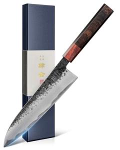 kanngou 8.27 Inch Japanese Chef Knife, 210MM Black Forged Japanese Knife with Red Sandalwood and Eboy Wood Handle, Gyuto Chefs Knives with Premium Gift Box (WA Series)