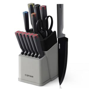 CAROTE 14Pcs Kitchen Knife Set, Stainless Steel knife set with ABS Block, Rustproof Cutlery with Ceramic Surface, 6 Steak Knives