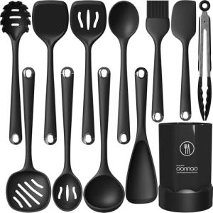 oannao Silicone Kitchen Utensils Set, 600°F Heat Resistant Silicone Cooking Utensils, Spatula, Spoon, Whisk, Tongs, Kitchen Gadgets Sets for Nonstick Cookware, Dishwasher Safe BPA Free (Black)