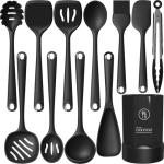 oannao Silicone Kitchen Utensils Set, 600°F Heat Resistant Silicone Cooking Utensils, Spatula, Spoon, Whisk, Tongs, Kitchen Gadgets Sets for Nonstick Cookware, Dishwasher Safe BPA Free (Black)