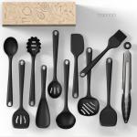 oannao Silicone Kitchen Utensils Set, 600°F Heat Resistant Silicone Cooking Utensils, Spatula, Spoon, Whisk, Tongs, Kitchen Gadgets Sets for Nonstick Cookware, Dishwasher Safe BPA Free (Black)