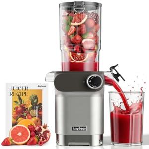 Anybear Cold Press Juicer 200W Masticating Slow Juicer 4.3" Large Feed Chute Fit Whole Fruits Vegetables | Upgraded Auger | Tritan Material | BPA Free | Juice Recipes (Silver)