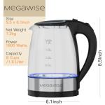 MEGAWISE 1.8L Healthy Electric Kettle, 1800W Borosilicate Glass Tea Kettle with Food Grade Material, Auto Shut-Off and Boil-Dry Protection Cordless Kettle Fast Boiling, BPA Free