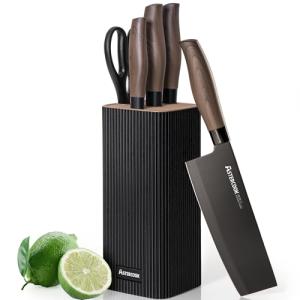 Astercook Knife Set, 6-Piece Kitchen Knife Set with Block, High Carbon Stainless Steel Ultra Sharp Kitchen Knives, Wood Grain Handle, Dishwasher Safe Knife Block Set, Black