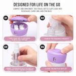Travigo 4-in-1 Travel Dispenser Bottle, TSA Approved, Leak Proof, Four Reusable 1.4 oz. (40 mL) Toiletry Containers for Shampoo, Conditioner, Soap, Lotion, Skincare (Purple)