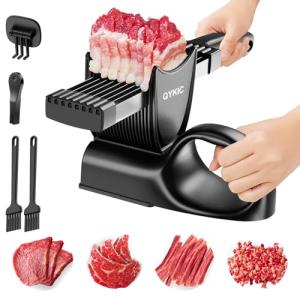 Fresh Meat Slicer with SteadyGrip, Thickness Adjustable 2 or 4 mm, 17 IN 1 Stainless Steel Manual Meat Cutter, Cleaver Kitchen Knife, Jerky Slicer Suit for Chicken Breast Beef Pork (Black)