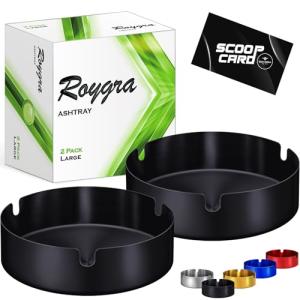 roygra Ash Tray (2 Pack), Outdoor Ashtray for Outside Patio, Stainless Steel Ashtrays for Cigarettes with 3 Holder, Smoking Accessories, Home Décor, Ashtrays for Smokers Indoor - Black, Large
