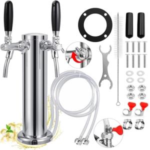 New Adjustable Dual Tap Kegerator Tower Beer Tap Tower with 1/4" Barb, 3" Draft Beer Dispenser Keg Tower, 304 Stainless Steel Core Self-Closing Beer Faucet with Pre-Assembled Kegerator Parts Kits