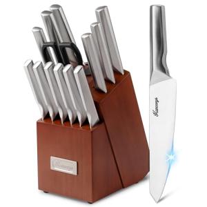 Hancorys Knife Block Set, Japanese Stainless Steel Kitchen Knife Set with Built-in Sharpener, Sharp Knives with Non-slip Ergonomic Handle - Dishwasher Safe, Home Essential Gifts