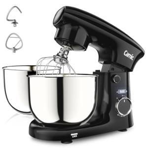 Camic Stand Mixer, 4.2QT+5.3QT Two bowls Electric Food Mixer, 10 Speeds with Digital setting 3-IN-1 Kitchen Mixer for Baking Cakes Cookie Bread Salad with Egg Whisk,Dough Hook,Flat Beater (Black)