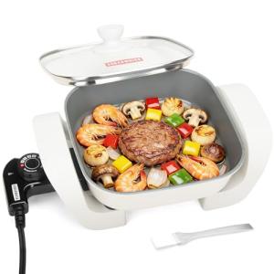 SugarWhisk 8-inch Ceramic Coated Electric Skillet with Lid, Non Stick Skillet Griddle Pan Electric, Rapid Heat Up, 650W, Breakfast Skillet, Kitchen Appliances for Cooking, White