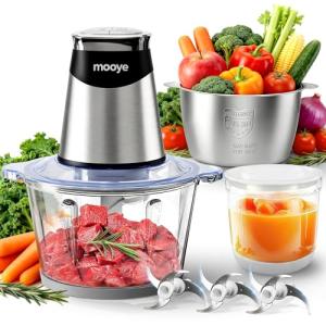 Mooye Food Processors Electric Food Chopper with Meat Grinder & Vegetable Chopper - 3 Bowls(8Cup+8Cup+3Cup) with Powerful Copper Motor - Includes 3 Sets of Bi-Level Blades for Fruits/Meat/Nuts