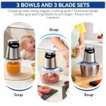 Mooye Food Processors Electric Food Chopper with Meat Grinder & Vegetable Chopper - 3 Bowls(8Cup+8Cup+3Cup) with Powerful Copper Motor - Includes 3 Sets of Bi-Level Blades for Fruits/Meat/Nuts