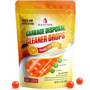 Bastion Garbage Disposal Cleaner and Deodorizer Drops- [[50-Count]] Orange Zest Scented Kitchen Sink Freshener Pods & Drain Odor Eliminator Disposer Care Balls