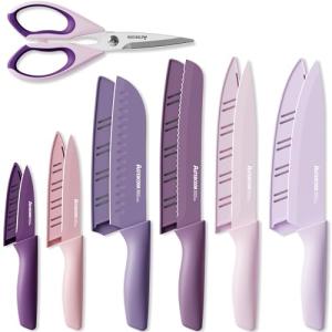 Astercook Knife Set, 13 Pieces Kitchen Knives Set with Healthy Anti-Rust Coating, Dishwasher Safe, Stainless Steel Chef Knife Sets with 6 Blade Guards, Perfect Holiday Gifts for Kitchen Purple