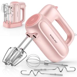 BAIGELONG Hand Electric Mixer, 5-Speed KitchenMixer with 5 * 304 Stainless Steel Attachments + Storage Base, 200W Portable Food Handheld Mixer for Baking, Whipping Cream, Cake Mixing, Pink
