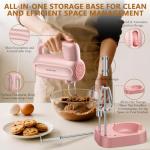 BAIGELONG Hand Electric Mixer, 5-Speed KitchenMixer with 5 * 304 Stainless Steel Attachments + Storage Base, 200W Portable Food Handheld Mixer for Baking, Whipping Cream, Cake Mixing, Pink