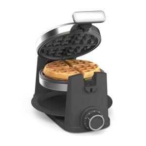 Martha Stewart Rotating Waffle Maker, 180° Flip Iron with PFAS-Free Nonstick Plates, Adjustable Timer, Ready Light, Drip Tray, Space Saving, Classic Round 7”, Easy to Clean, Stainless Steel, Caviar