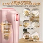 BAIGELONG Hand Electric Mixer, 5-Speed KitchenMixer with 5 * 304 Stainless Steel Attachments + Storage Base, 200W Portable Food Handheld Mixer for Baking, Whipping Cream, Cake Mixing, Pink