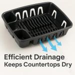 Dish Drying Rack with Drainboard Set, All-in-1 Kitchen Dishrack with Inclined Base for Quick Water Drainage, Black Plastic Dish Drainer