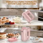 BAIGELONG Hand Electric Mixer, 5-Speed KitchenMixer with 5 * 304 Stainless Steel Attachments + Storage Base, 200W Portable Food Handheld Mixer for Baking, Whipping Cream, Cake Mixing, Pink