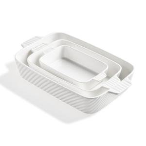 Sweejar Ceramic Baking Dish Set, Cake Baking Dish for Brownie, Porcelain Striped Casserole Dishes for Oven with Handle for Lasagna, Family Dinner(White)