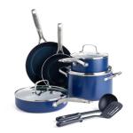 Blue Diamond 10 Piece Nonstick Cookware Set, Diamond Ceramic Pots & Pans, Dishwasher & Metal Utensil Safe, Non Toxic PFAS-Free, Kitchen Cooking Sauce & Saute Pans, Oven & Broiler to 600F, Blue