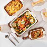 Sweejar Ceramic Baking Dish Set, Cake Baking Dish for Brownie, Porcelain Striped Casserole Dishes for Oven with Handle for Lasagna, Family Dinner(White)