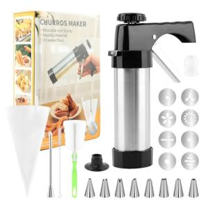 Churro Maker Machine - Stainless Steel Churro Maker Professional Churrera with 8 Stainless Steel Decorating Tips ＆ 8 Discs, Piping Bag, Churro Filler Hollow Churro(Black+silver)