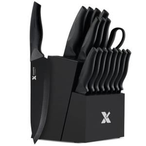 XANAPON 19-Piece Black Kitchen Knife Set with Block and Built-in Sharpener, High Carbon Stainless Steel Chef Knives Set for Kitchen with 8 Steak Knives, Ergonomic Handles, Perfect Housewarming Gift