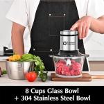 Kitchen in the box Food Processor, Electric Meat Grinder & Food Chopper with 400W Powerful Veggie Chopper-2 Bowls（8 Cup+8 Cup） & 2 Bi-Level Blades for Meat/Fish/Vegetable/Baby Food（Sliver Button）