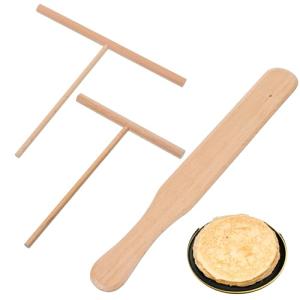 TIESOME 3 Pack Crepe Tool, 11.53" Pancake Turner + 2 Pcs Crepe Stick T-Shaped Spreader Sticks, Wooden Crepes Spatula Set for Any Size Pan Maker, Durable Lightweight