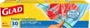 Glad Zipper Freezer Storage Plastic Bags, Gallon, 30 Count (Packaging May Vary)