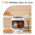 BOSWELL Glass Air Fryer, 7.5QT with Transparent Fry Bowl, Circulating Heating, Temperature Control, Air Fryer Roast, Dishwasher Safe (white)