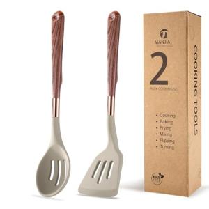 MANJIA Silicone Spatulas Set, Nonstick Silicone Spoon & Turner Spatula Set, Serving Spoon kitchen Spatula for Cooking Fish, Eggs,Flipper, Cooking Utensils Set 2pcs (khaki-slotted spoon & spatula)